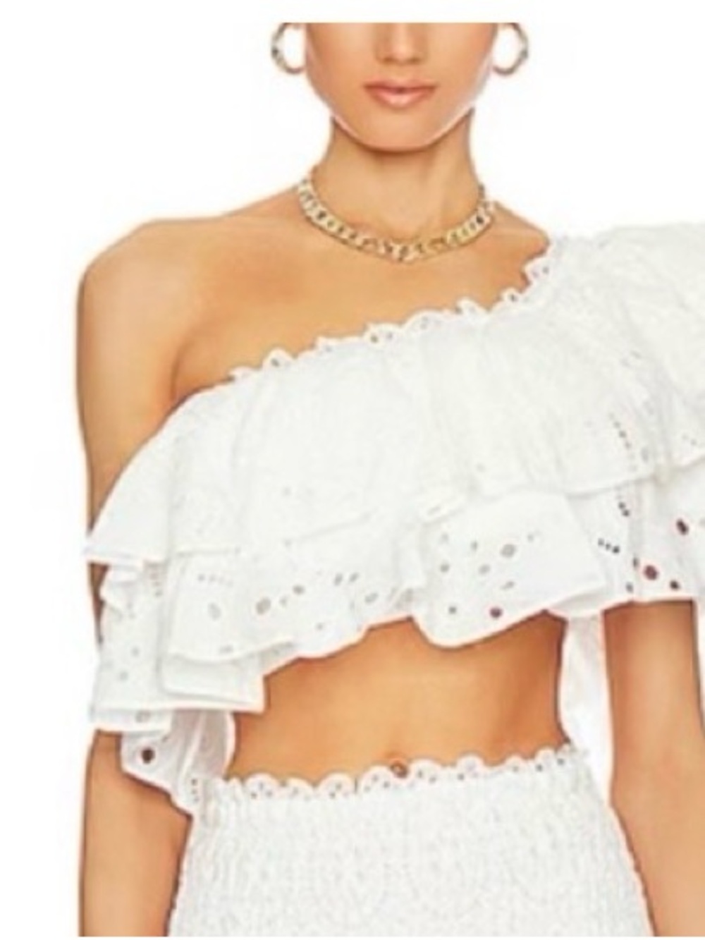 Charo Ruiz White One-Shoulder Ruffled Eyelet Crop Top
